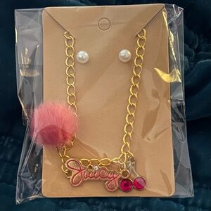 Gold-Tone Necklace with Pink Pom-Pom and Juicy Script Pendant